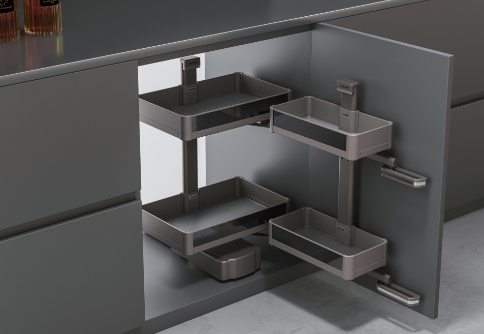FELINE corner pull-out basket system in a kitchen base cabinet