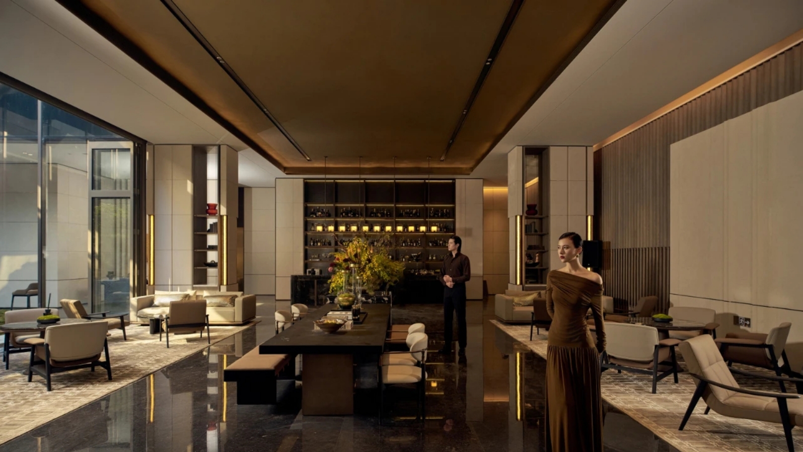 Elegant living room lounge with display cabinetry and ambient lighting