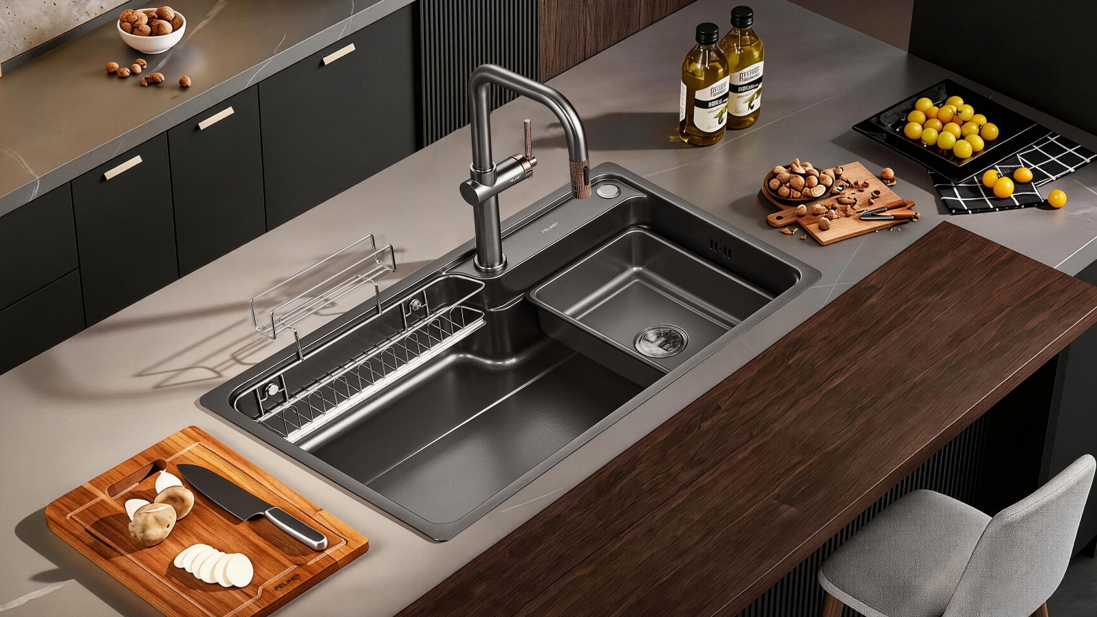 FELINE workstation sink with matching faucet in a dark custom kitchen